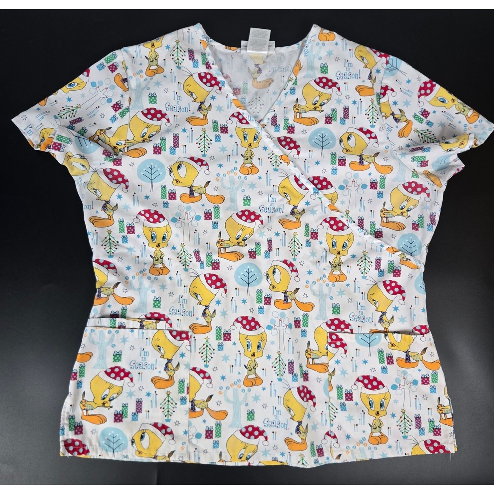 Looney Tunes Tweety Bird Christmas Scrub Top Large White Holiday Mock Wrap Neck